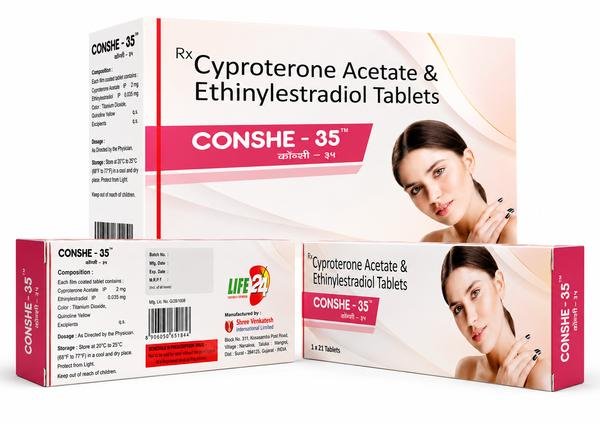 Conshe 35 (Cyproterone Acetate & Ethinylestradiol) Tablets: Verified Pharmaceutical Exporter from India | Bulk Supplier for USA, UK, Australia, Thailand, Singapore & Jamaica